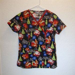Christmas SCRUBS TOP Santa Reindeer Women XS Medical Uniform Short Sleeve V-Neck